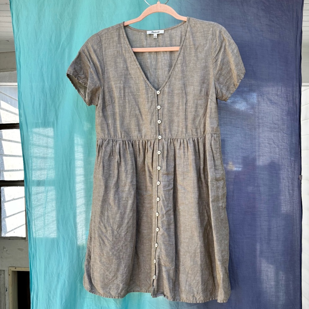 Madewell Linen-Blend Alexandra Button-Front Mini Dress in Olive Branch + Pockets